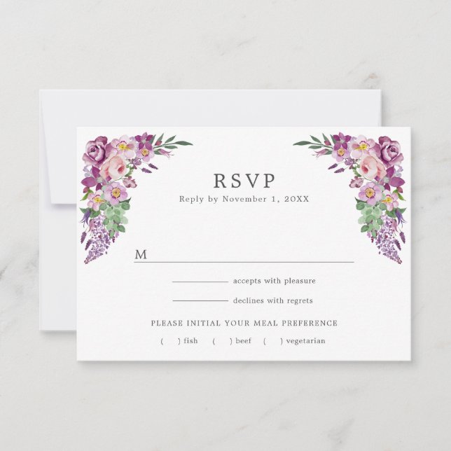 Cartão RSVP Floral Roxo (Frente)