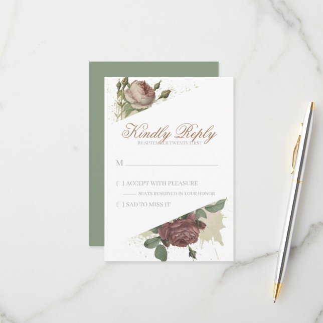 Cartão RSVP Floral Rústico Burgundy Marsala Blush Rosas Modern (Frente/Verso In Situ)