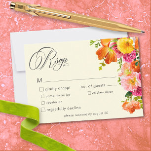 Cartão RSVP Floral Vibrante de Verão Amarelo Laranja Rosa Casa
