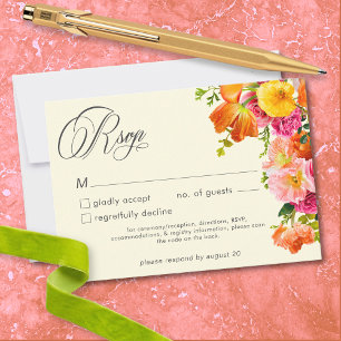 Cartão RSVP Floral Vibrante de Verão Amarelo Laranja Rosa Casa