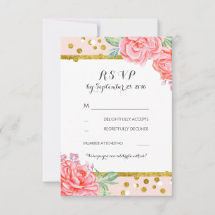Cartão RSVP floral vintage rosa listras douradas casamento rsv