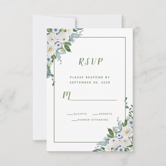 Cartão RSVP Floral Watercolor Elegante Casamento Branco Verde (Frente)