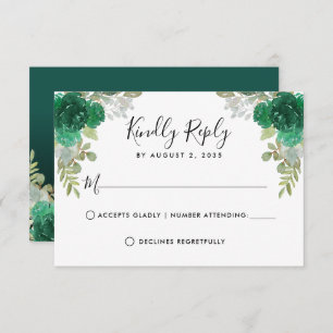 Cartão RSVP Floral Watercolor Emerald Green Quinceanera