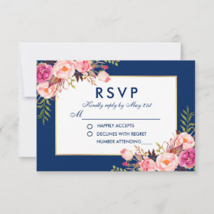 Cartão RSVP Floral Watercolor Pink Azul, Dourado Casamento de