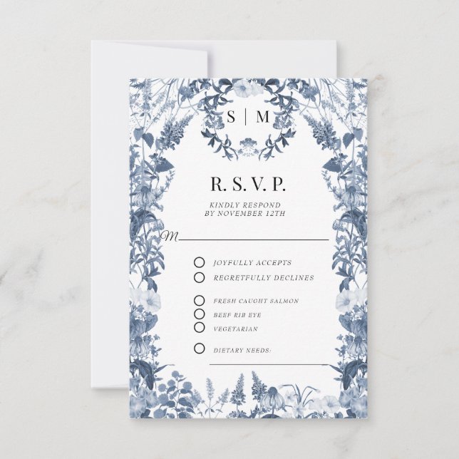 Cartão RSVP Floral Wildflower Blue e White Código QR Casamento (Frente)