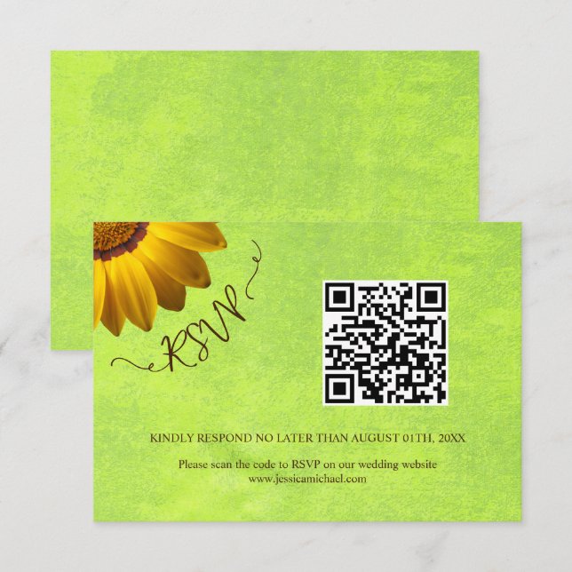Cartão RSVP Flores Amarelas no Casamento Verde Abstrato (Frente/Verso)