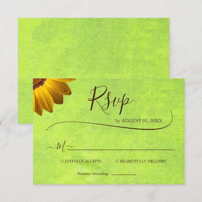 Cartão RSVP Flores Amarelas no Casamento Verde Abstrato (Frente/Verso)