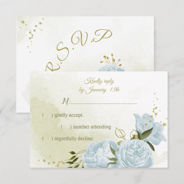Cartão RSVP Flores azuis bonito folhas verdes botânicas (Frente/Verso)