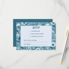 Cartão RSVP Flores Azuis em Fundo Azul Turquesa