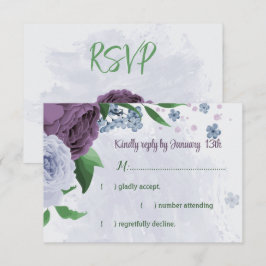 Cartão RSVP Flores azuis roxas folhas verdes casamento