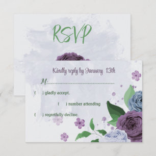 Cartão RSVP Flores azuis roxas folhas verdes casamento