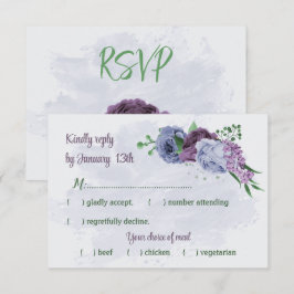 Cartão RSVP Flores azuis roxas folhas verdes casamento