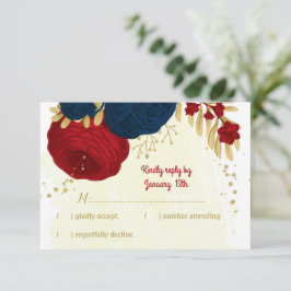 Cartão RSVP flores azuis vermelhas e marinhos ouro folhas casa