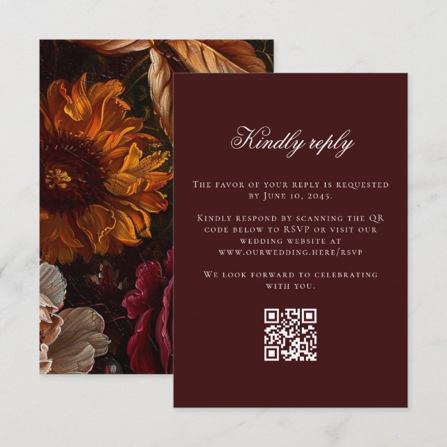 Cartão RSVP Flores Barrocas Escuras Casamento outono QR Online (Frente/Verso)