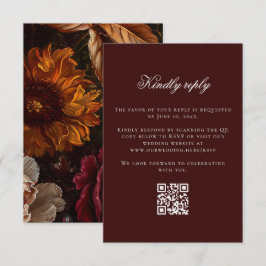 Cartão RSVP Flores Barrocas Escuras Casamento outono QR Online