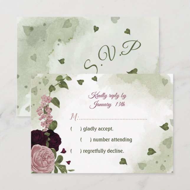 Cartão RSVP Flores bonito rosa e espumosas de ameixa verde (Frente/Verso)