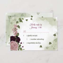 Cartão RSVP Flores bonito rosa e espumosas de ameixa verde