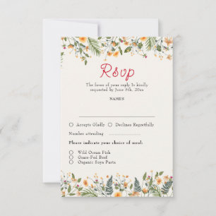 Cartão RSVP Flores Botânicas Narcisos Margarida Peônia Casamen