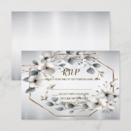Cartão RSVP Flores brancas de aquarela Ouro Frame Silver Teal