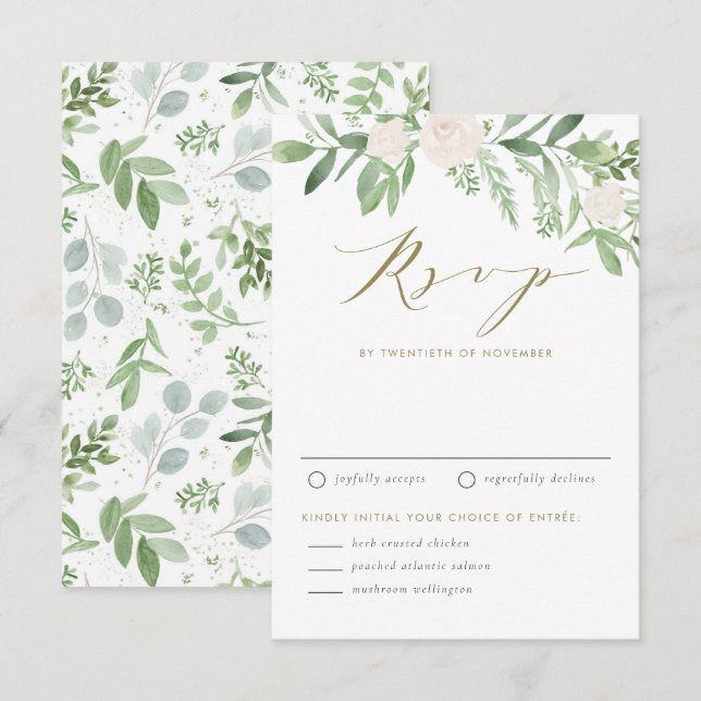 Cartão RSVP Flores Brancas e Casamento Verde (Frente/Verso)