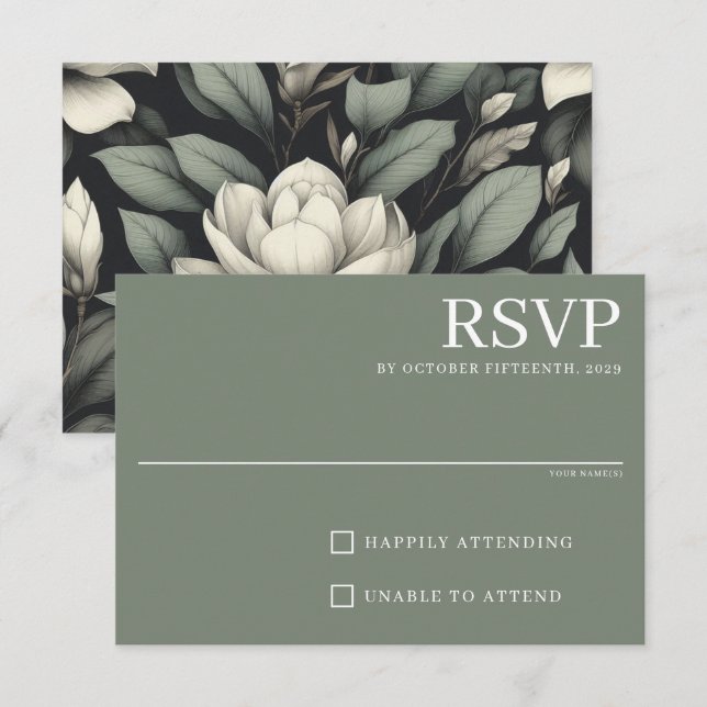 Cartão RSVP Flores Brancas e Folhagens (Frente/Verso)