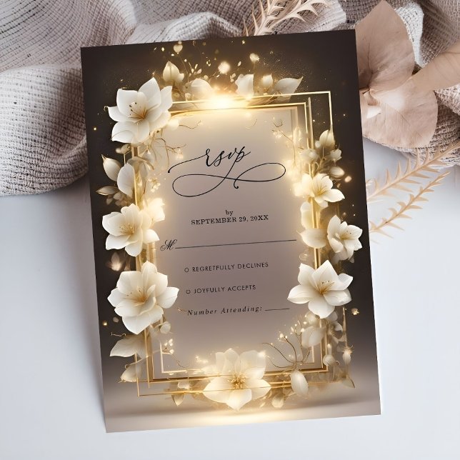 Cartão RSVP Flores Brancas Elegantes com Casamento Luz (Criador carregado)