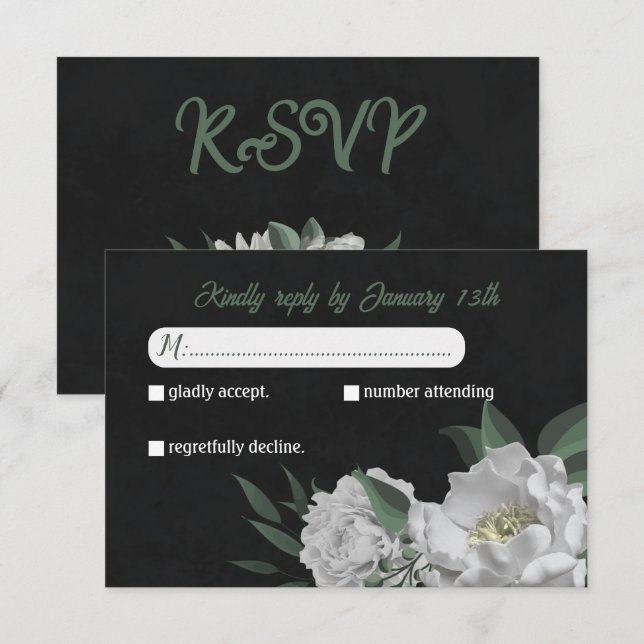 Cartão RSVP flores brancas românticas verde-preto botânico (Frente/Verso)