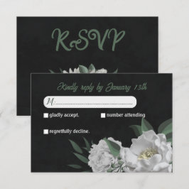 Cartão RSVP flores brancas românticas verde-preto botânico