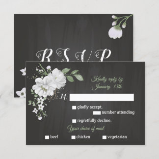 Cartão RSVP Flores brancas seleção de refeição verde preto RSV