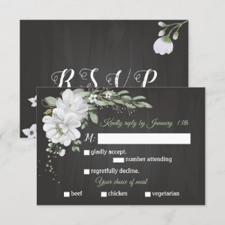 Cartão RSVP Flores brancas seleção de refeição verde preto RSV