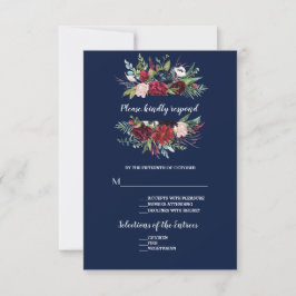 Cartão RSVP Flores Brilhantes Bragundias Marinhos Casamento Az