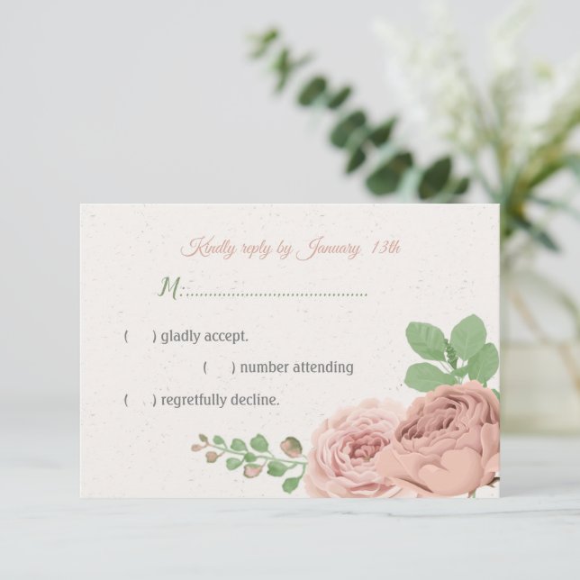 Cartão RSVP flores cor-de-rosa pinceladas verdes botânicas (Em pé/Frente)