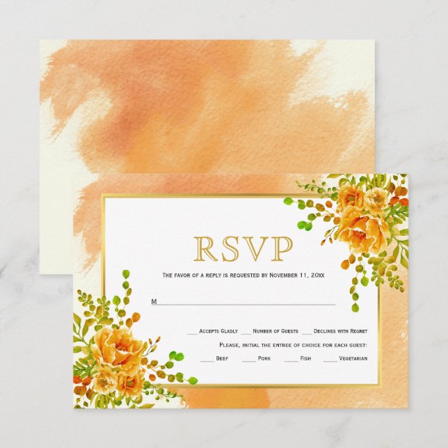 Cartão RSVP Flores de aquarela laranja casamento outono floral (Frente/Verso)