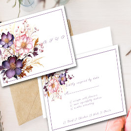Cartão RSVP Flores de Aquarela Rosa e Roxo