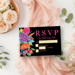 Cartão RSVP Flores de Festa Preto Floral Aquarela
