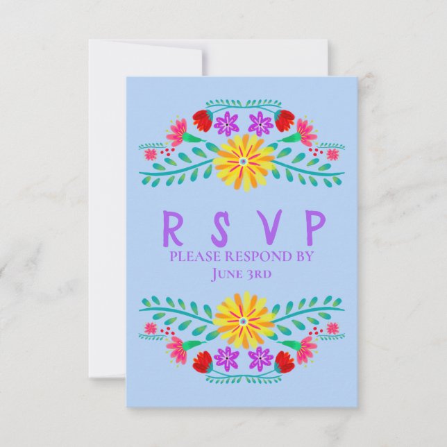 Cartão RSVP Flores de Fiesta mexicanas, Quinceanera Azul Claro (Frente)