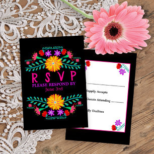 Cartão RSVP Flores de Fiesta mexicanas, Quinceanera Negra