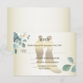 Cartão RSVP Flores de Folhas Verdes Moldura Dourada Casamento 