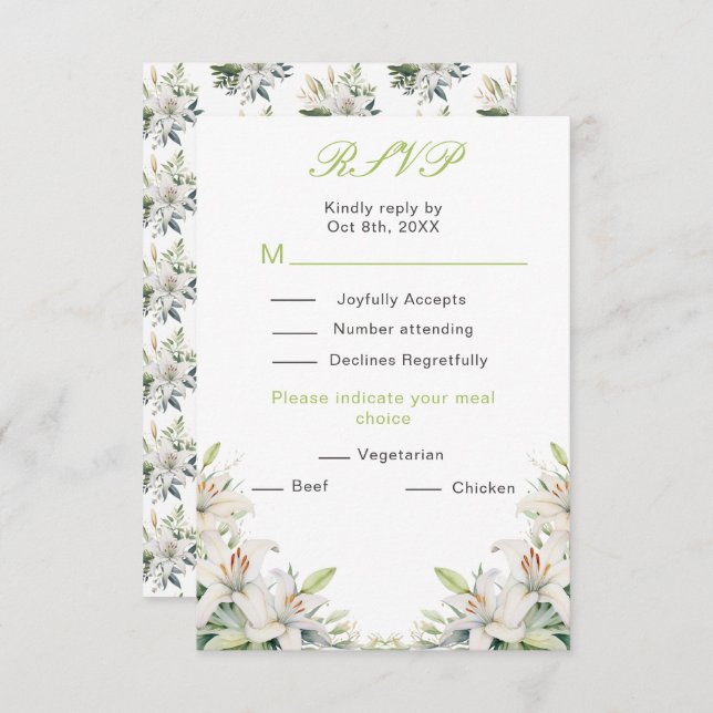 Cartão RSVP Flores de Lírio Branco Casamento (Frente/Verso)