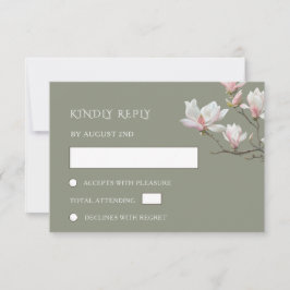 Cartão RSVP Flores de Magnólia Verde Sage de Arte Fina Casamen