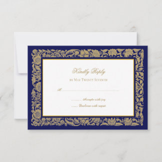 Cartão RSVP Flores de Ouro Elegantes e Casamento Azul Escuro