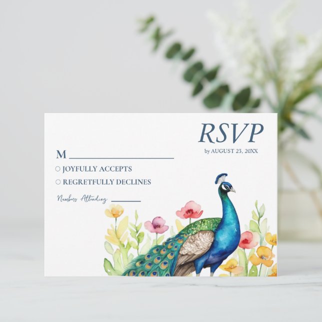 Cartão RSVP Flores de Peacock de Cores Aquáticas Trendy (Em pé/Frente)