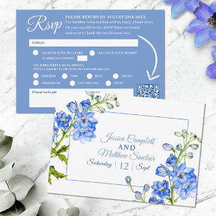 Cartão RSVP Flores delfinas azul aquarela casamento código QR