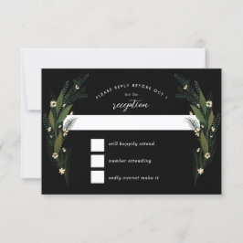 Cartão RSVP Flores Desenhadas Folhas Verdura Casamento Preto