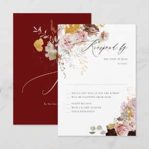 Cartão RSVP Flores do outono do PixDezines Boho Blush Burgundy