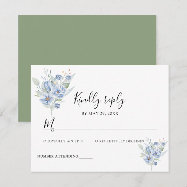 Cartão RSVP flores e folhas aguadas em azul empoeirado rústico (Frente/Verso)