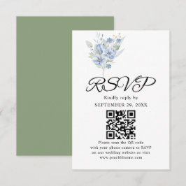 Cartão RSVP flores e folhas em aquarela azul empoeirado rústic