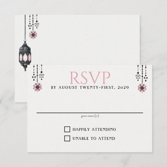 Cartão RSVP Flores e Lanternas Rosa (Frente/Verso)