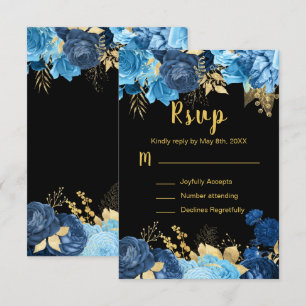 Cartão RSVP Flores Elegantes Azuis e Douradas Sweet Sixteen