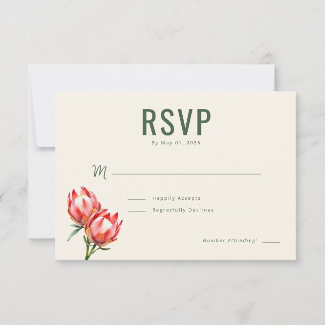 Cartão RSVP Flores Elegantes de Protea Verde (Frente)